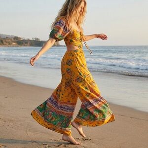 Free People Bali Citrus Skies Bohemian Wide Leg Jumpsuit Tangerine Medium